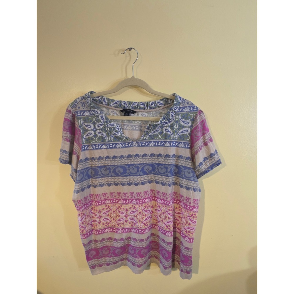 Tommy Hilfiger Womens 1X Paisley Floral Knit Top Short Sleeve Pink Blue Multi